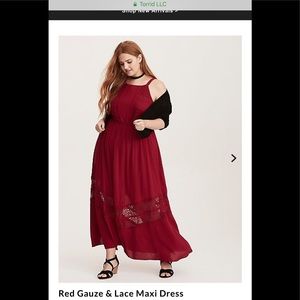 Torrid gauze and lace cranberry maxi dress